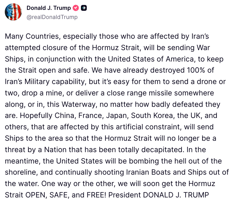 Трамп заявил о возможной отправке военных кораблей рядом стран для обеспечения безопасности Ормузского пролива